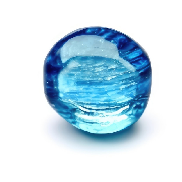 A blue glass sphere with the ocean and the ocean in the background.