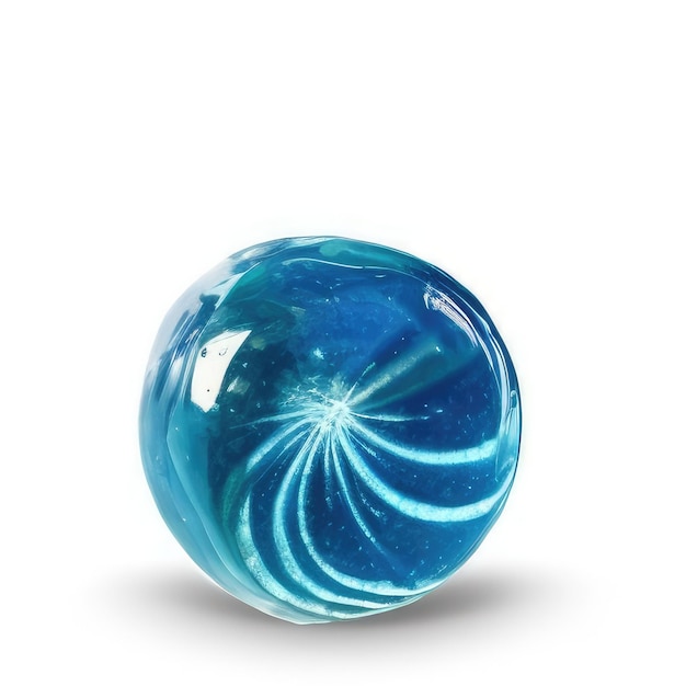 A blue glass sphere with a spiral design on it