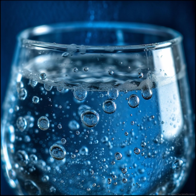 A blue glass with bubbles and a blue background