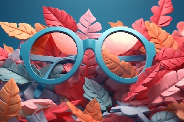 A blue glasses with a blue frame sits among leaves