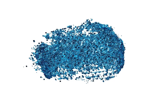 Blue glitter makeup product smear on white Eye shadow lip gloss and face for holiday makeup swatch