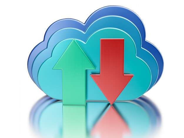 青い光沢のある雲とアップロードのダウンロード矢印