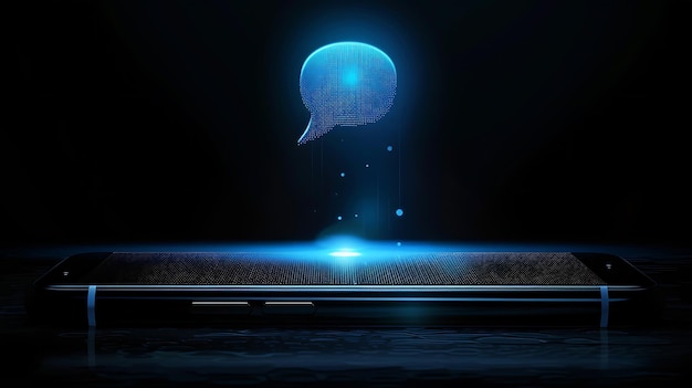 Blue glowing chat bubble icon rising from smartphone Futuristic communication concept