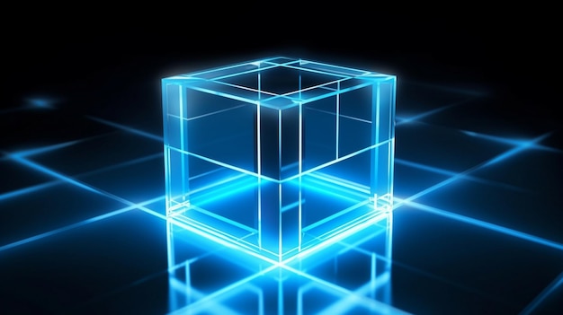 プラットフォーム上の青い輝く立方体