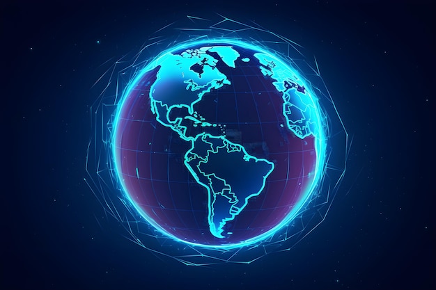 A blue glowing globe with continents and lines around it