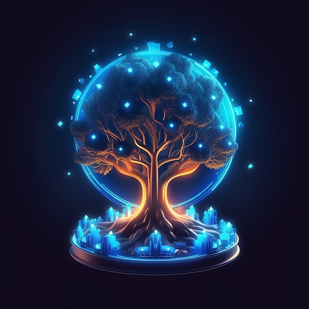 A blue glowing image of a tree with the word tree on it