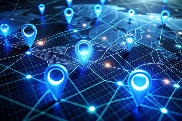 blue glowing location pins on map with dynamic path lines connecting