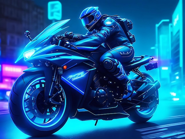 Blue glowing motorcycle cyberpunk digital illustration generative ai