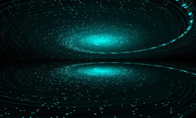 Blue glowing particles and lines form cosmic swirls and mirror images