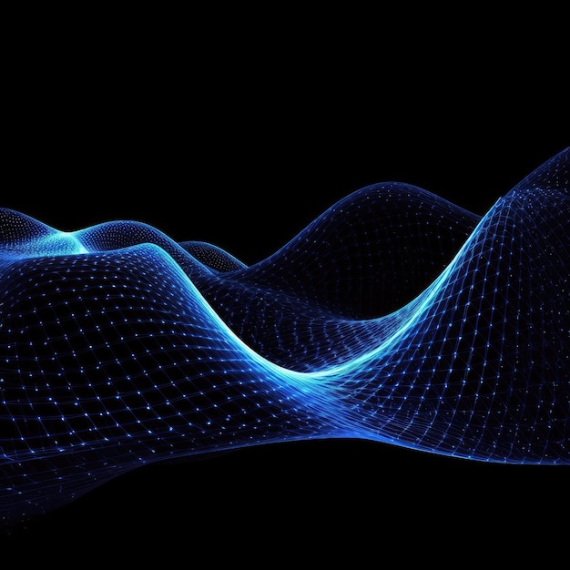 Фото Голубые светящиеся волны в темном цифровом ландшафте
