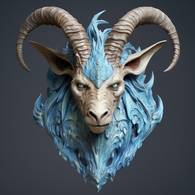 A blue goat with horns and blue hair is on a grey background.