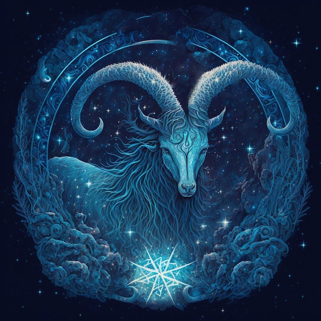 A blue goat with horns and a star on the left side.