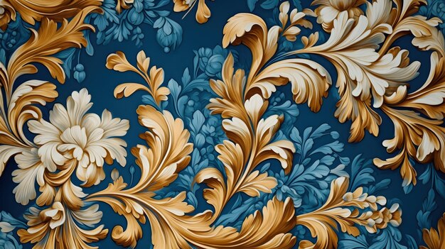 Blue and Gold abstract floral background Generative AI AI Generated