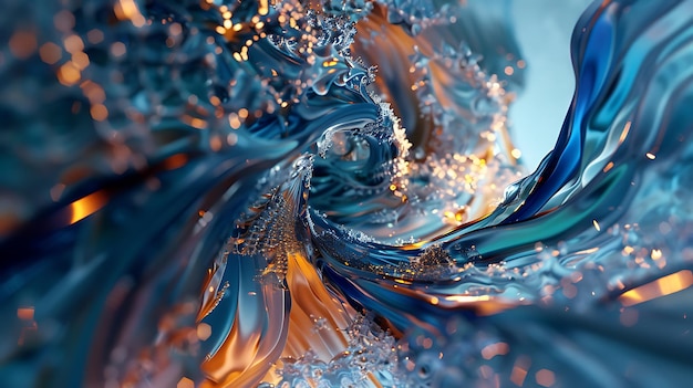 Blue and gold abstract liquid 3D rendering