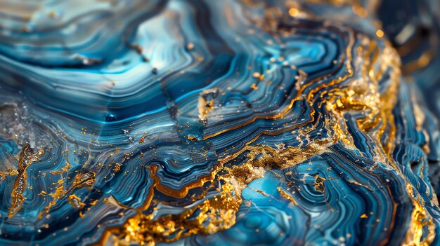 Blue and gold abstract painting The painting has a marbled texture with swirls of blue and gold paint