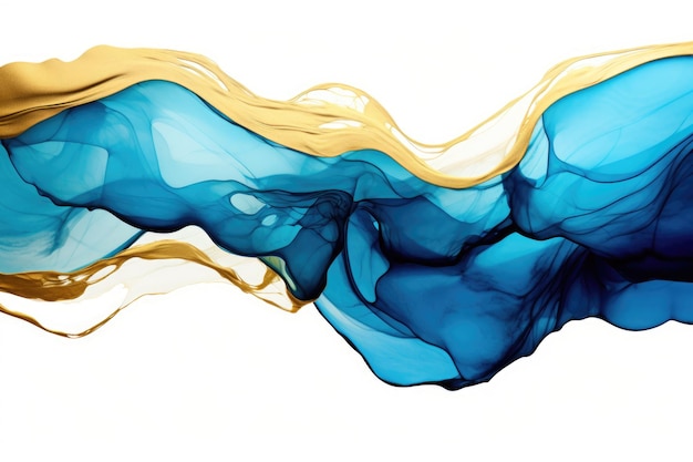A blue and gold abstract painting on a white background Digital image