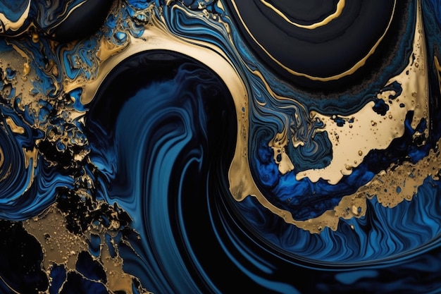 A blue and gold abstract painting with a black background.