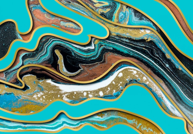 Blue and gold agate ripple pattern. Marble background with wave layers.