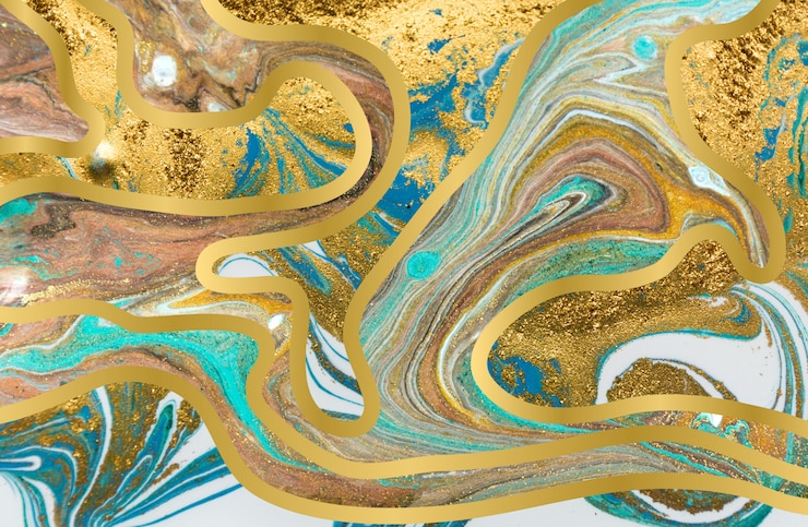 Photo blue and gold agate ripple pattern. marble background with wave layers.