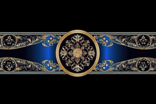 A blue and gold background with a border with gold and turquoise beads Generative AI