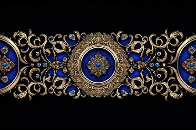 A blue and gold background with a border with gold and turquoise beads Generative AI