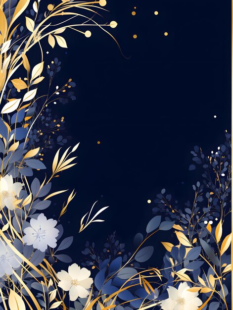 A blue and gold background with flowers and leaves abstract navy color foliage background with