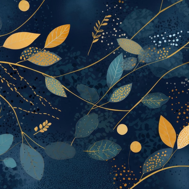 파란색과 금색 배경에는 나뭇잎과 "가을"이라는 단어가 있습니다.