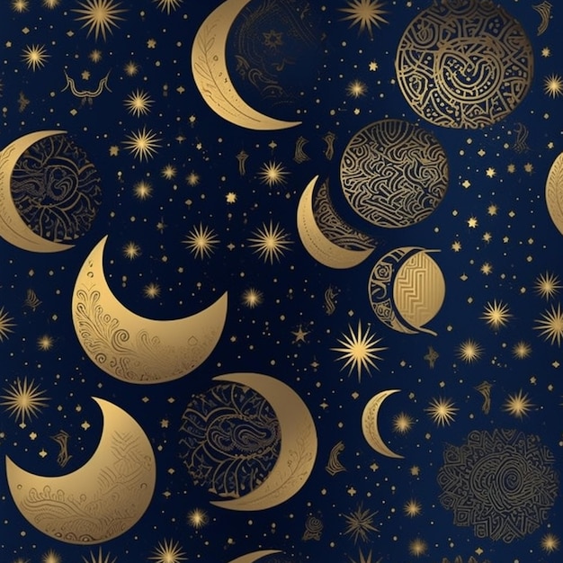 a blue and gold background with a lot of stars and moon generative ai