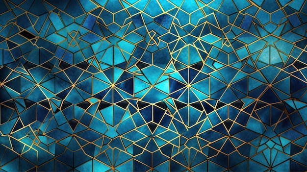 A blue and gold background with a pattern of triangles and the word e.