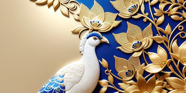 A blue and gold bird with gold leaves and flowers