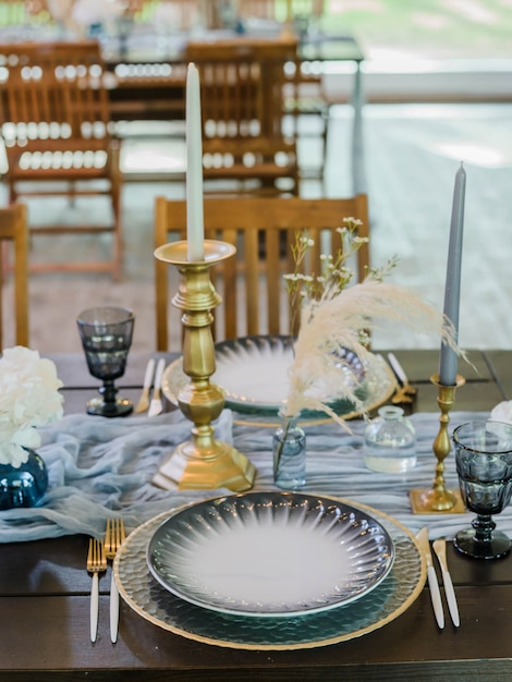 Blue and gold boho wedding decor.