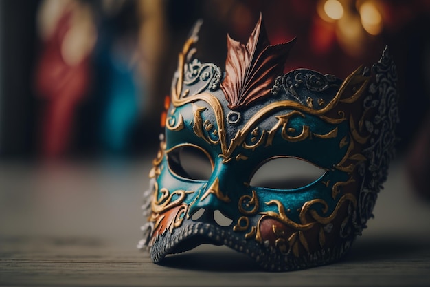 A blue and gold carnival mask sits on a table.