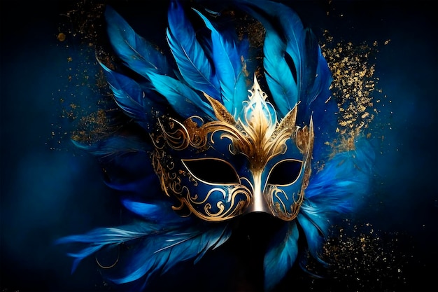 A blue and gold carnival mask with feathers on it