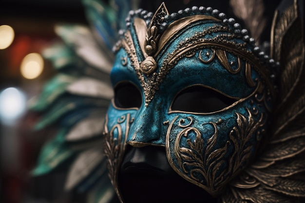 A blue and gold carnival mask with gold accents sits in front of a dark background.