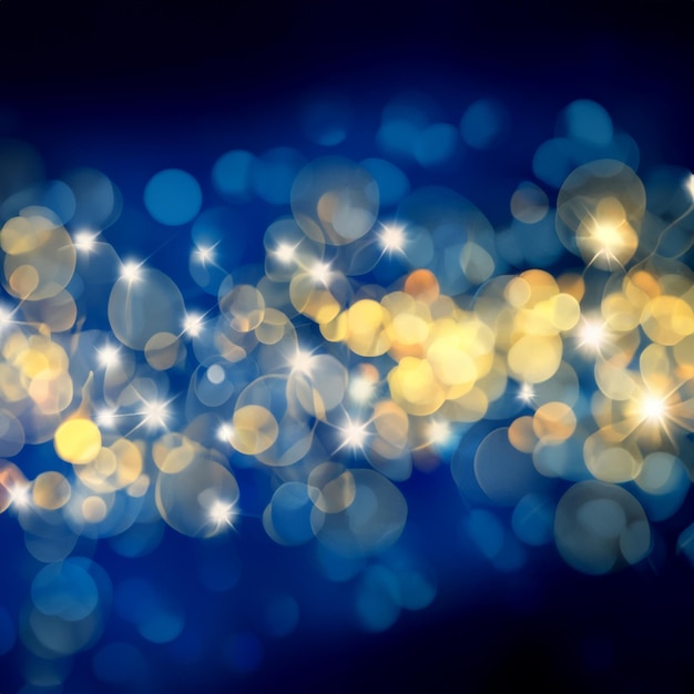 Синий и золотой рождественский фон с огнями боке и звездами