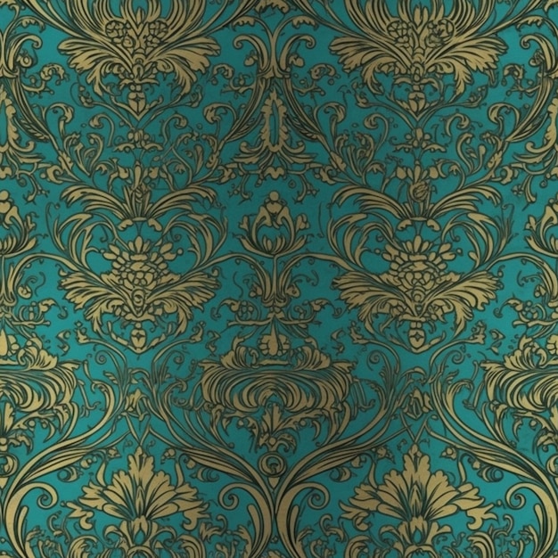 Premium Photo | A blue and gold damask wallpaper with a floral pattern.
