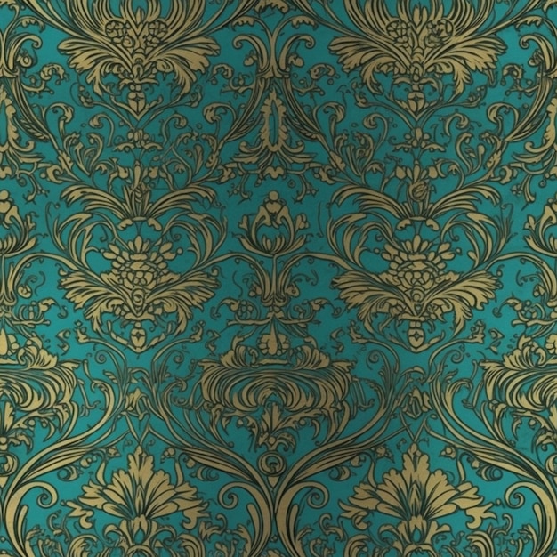 A blue and gold damask wallpaper with a floral pattern