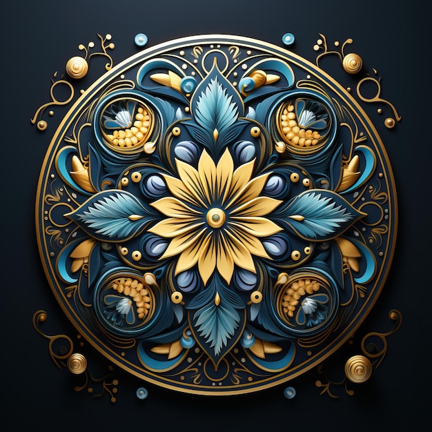 Photo a blue and gold design with a yellow flower on it