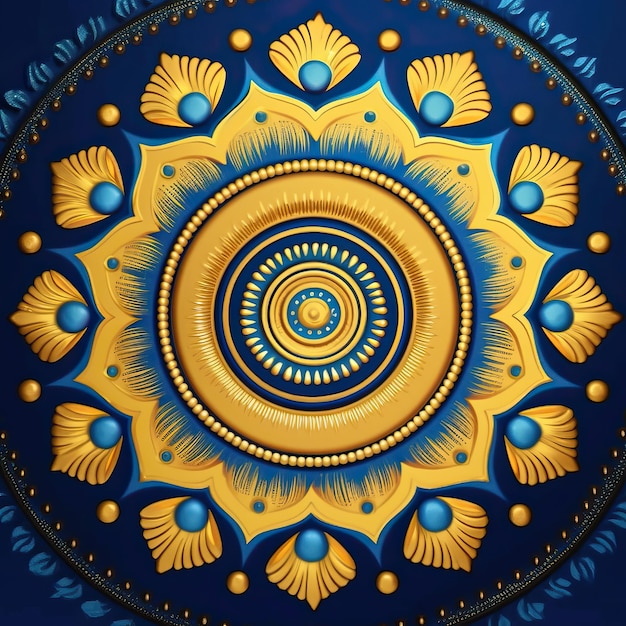 a blue and gold design with a yellow flower on the top