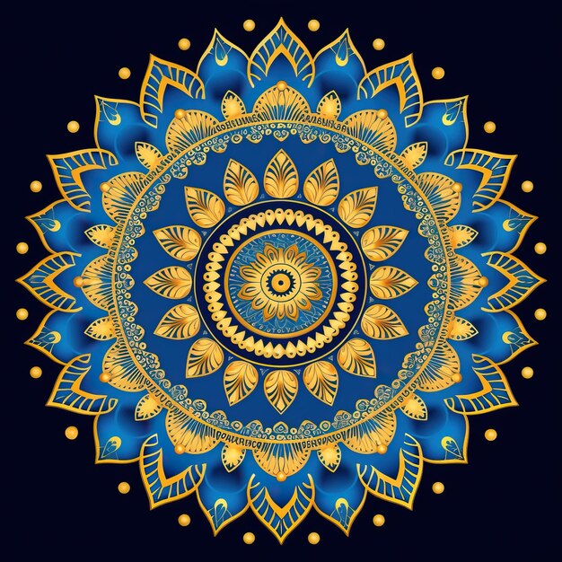 a blue and gold design with a yellow flower on the top