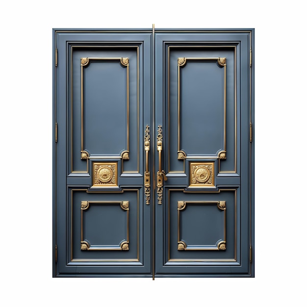 a blue and gold door with a gold design on it