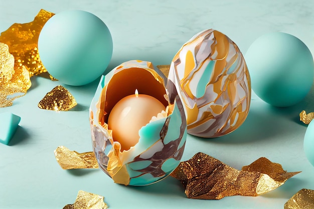 A blue and gold easter egg with a gold leaf on the table