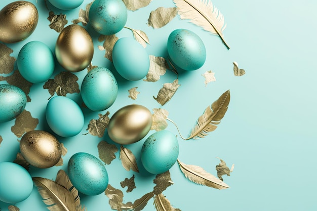 Blue and gold easter eggs on a blue background with gold feathers.