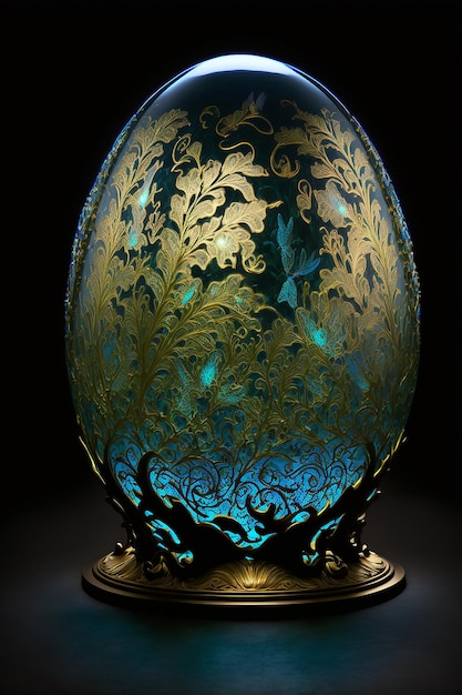 A blue and gold egg with a floral design on it