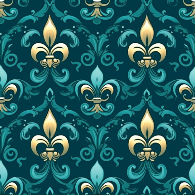 Photo a blue and gold fleuret pattern with swirls and leaves generative ai