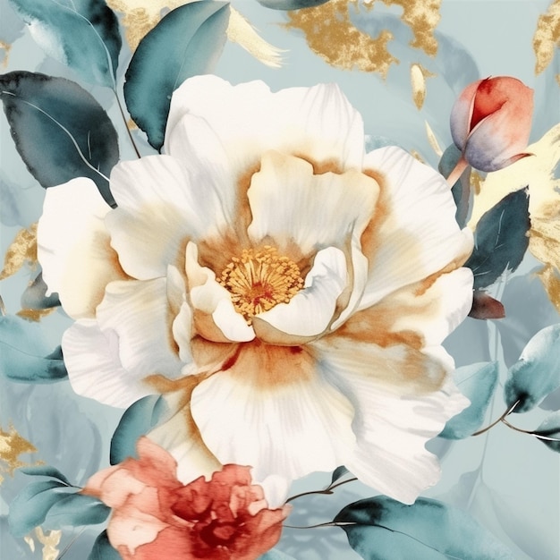 A blue and gold floral background with a white flower.