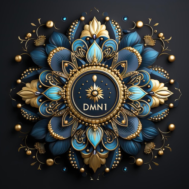 a blue and gold floral design is on a black background.