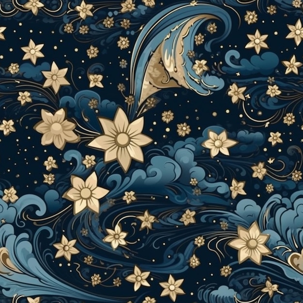 A blue and gold floral pattern with stars and moon generative ai