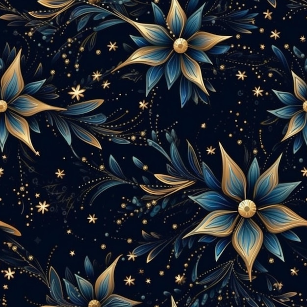 A blue and gold floral pattern with stars and swirls generative ai