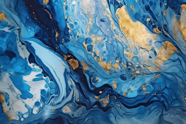 A blue and gold fluid painting with gold accents generative AI